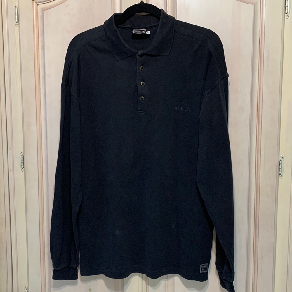 Vintage Versace Jean Couture Black Knit Long Sleeve Polo Shirt • Size L